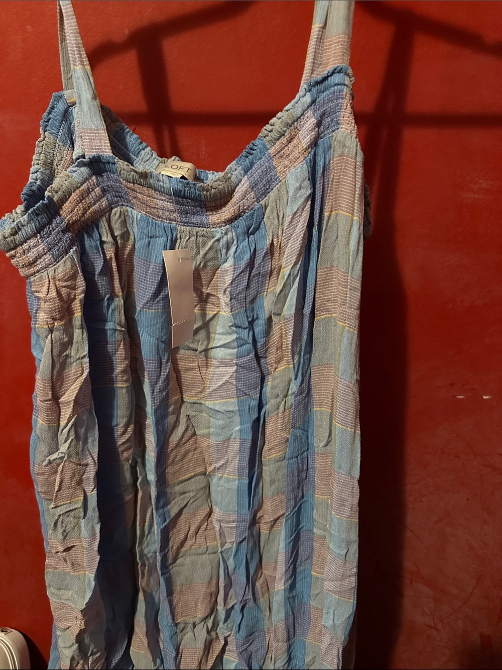 LOFT Blue and Pink Plaid Smocked Sundress